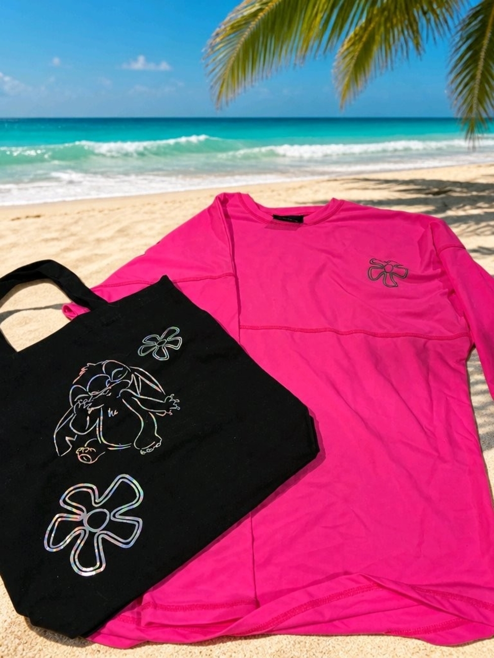 Girls' Hot Pink Long-Sleeve Tee with Small Flower Motif & Black Tote